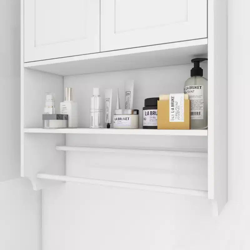 Pensile da bagno con ante, ripiano regolabile, portasciugamani e portarotolo, mobiletto sopra il WC, armadietto dei medicinali per il bagno - Bianco