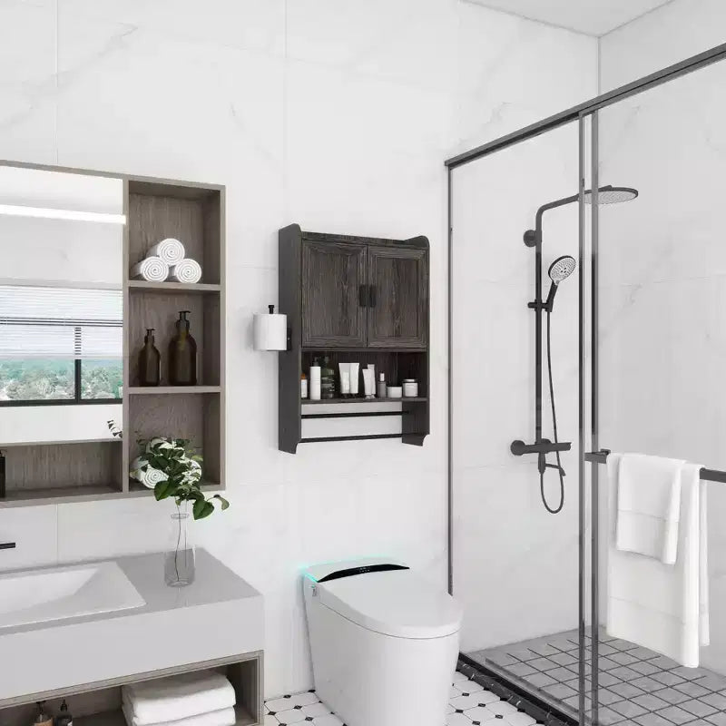 Pensile da bagno con ante, ripiano regolabile, portasciugamani e portarotolo, mobiletto sopra il WC, armadietto dei medicinali per il bagno - Bianco