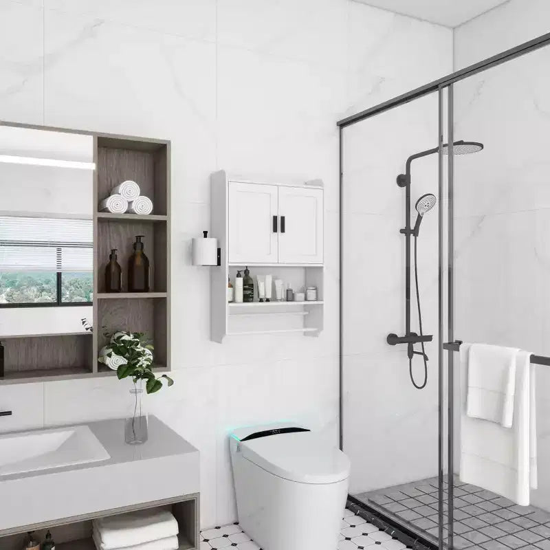 Pensile da bagno con ante, ripiano regolabile, portasciugamani e portarotolo, mobiletto sopra il WC, armadietto dei medicinali per il bagno - Bianco