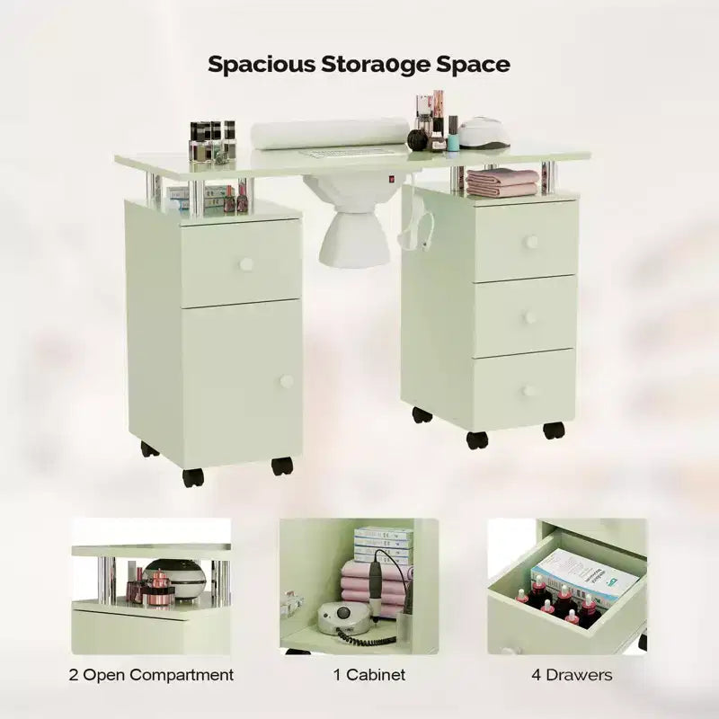 Tavolo da manicure/unghie da 42.5 pollici in MDF bianco con 3 cassetti e vano portaoggetti, ante e aspiratore elettrico