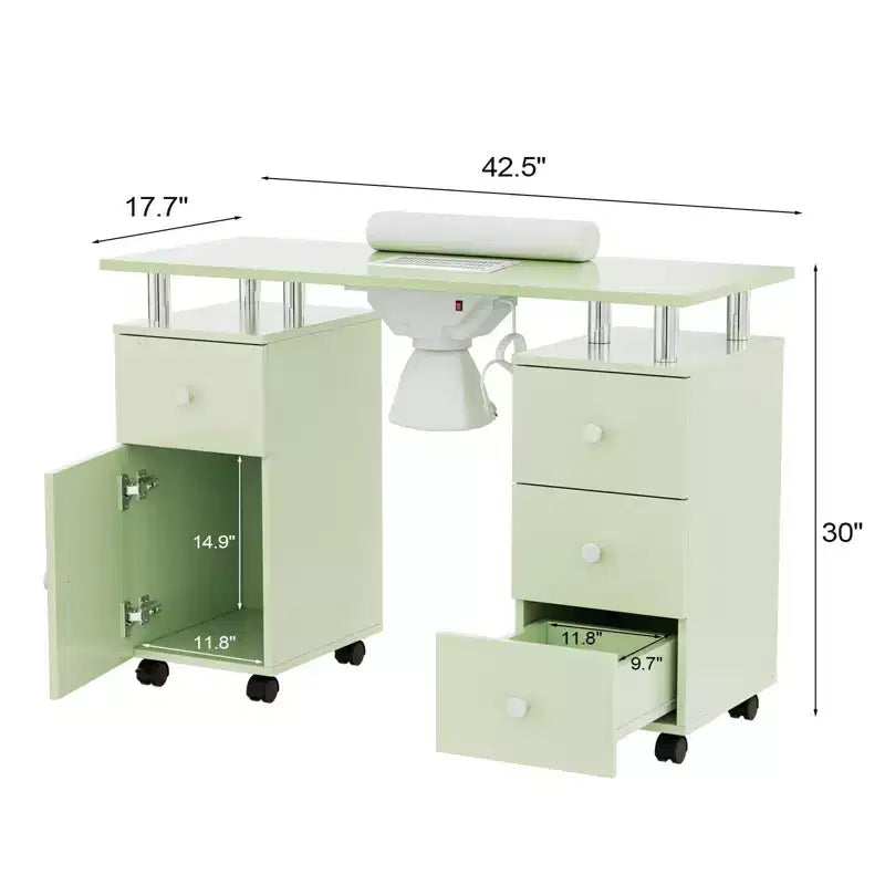 Tavolo da manicure/unghie da 42.5 pollici in MDF bianco con 3 cassetti e vano portaoggetti, ante e aspiratore elettrico