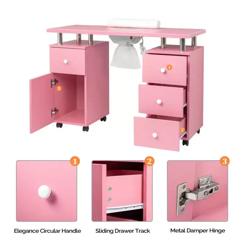 Tavolo da manicure/unghie da 42.5 pollici in MDF bianco con 3 cassetti e vano portaoggetti, ante e aspiratore elettrico
