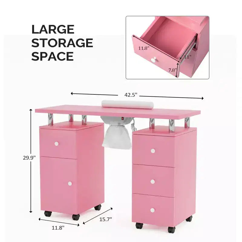 Tavolo da manicure/unghie da 42.5 pollici in MDF bianco con 3 cassetti e vano portaoggetti, ante e aspiratore elettrico