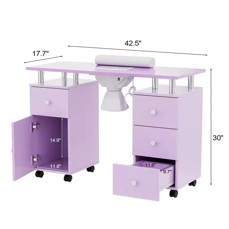 Tavolo da manicure/unghie da 42.5 pollici in MDF bianco con 3 cassetti e vano portaoggetti, ante e aspiratore elettrico