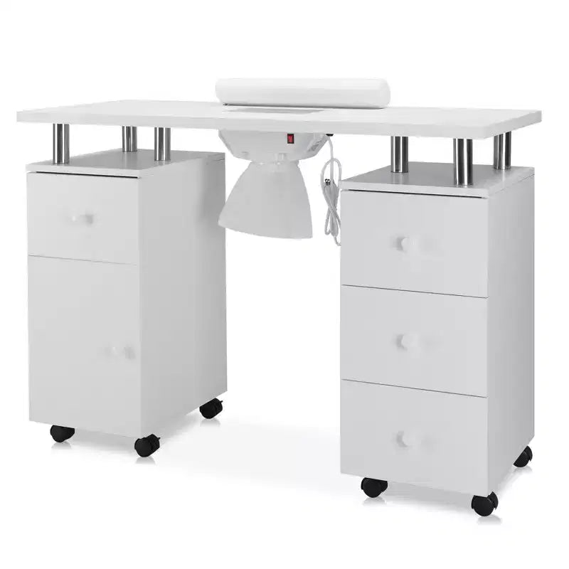 Tavolo da manicure/unghie da 42.5 pollici in MDF bianco con 3 cassetti e vano portaoggetti, ante e aspiratore elettrico