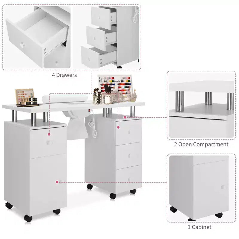 Tavolo da manicure/unghie da 42.5 pollici in MDF bianco con 3 cassetti e vano portaoggetti, ante e aspiratore elettrico