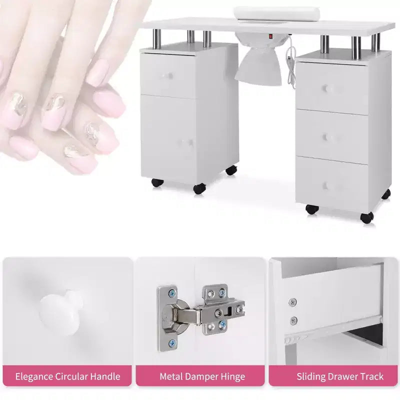Tavolo da manicure/unghie da 42.5 pollici in MDF bianco con 3 cassetti e vano portaoggetti, ante e aspiratore elettrico