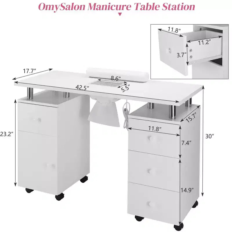 Tavolo da manicure/unghie da 42.5 pollici in MDF bianco con 3 cassetti e vano portaoggetti, ante e aspiratore elettrico
