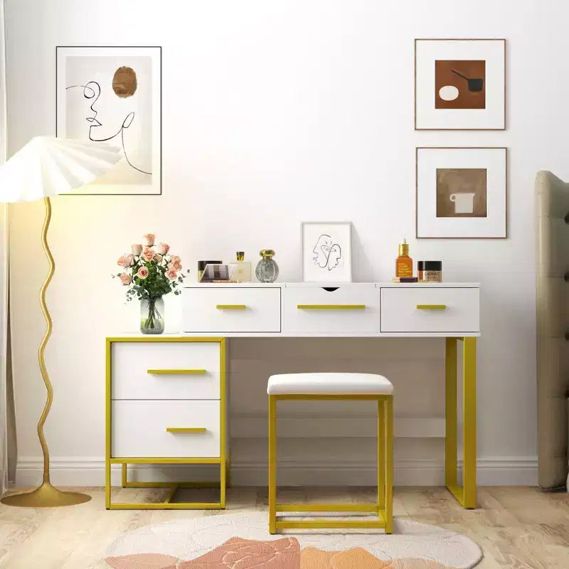 Toeletta da Trucco con Specchio, Mobile Contenitore Moderno con 4 Cassetti, Cassettiera in Legno con Comodino per Camera da Letto