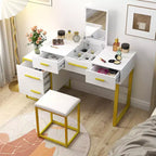 Toeletta da Trucco con Specchio, Mobile Contenitore Moderno con 4 Cassetti, Cassettiera in Legno con Comodino per Camera da Letto