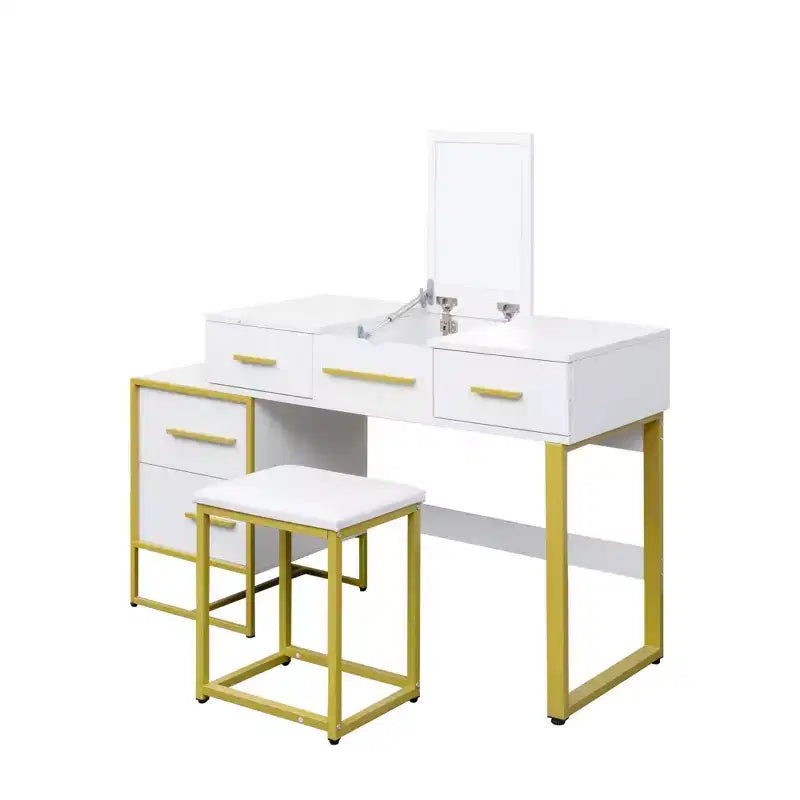 Toeletta da Trucco con Specchio, Mobile Contenitore Moderno con 4 Cassetti, Cassettiera in Legno con Comodino per Camera da Letto