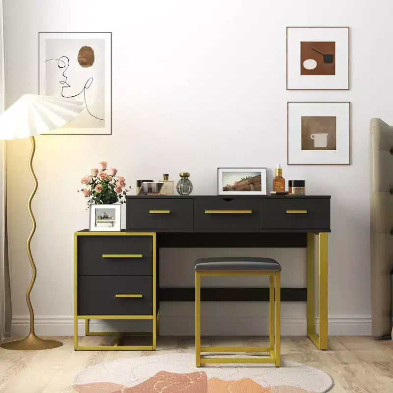 Toeletta da Trucco con Specchio, Mobile Contenitore Moderno con 4 Cassetti, Cassettiera in Legno con Comodino per Camera da Letto