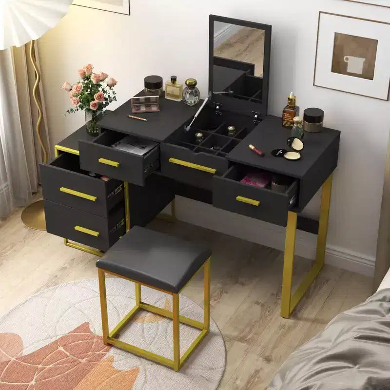 Toeletta da Trucco con Specchio, Mobile Contenitore Moderno con 4 Cassetti, Cassettiera in Legno con Comodino per Camera da Letto