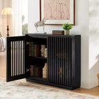 Mobile credenza scavato scanalato di metà secolo con 2 fori per prese per ingresso, corridoio, nero
