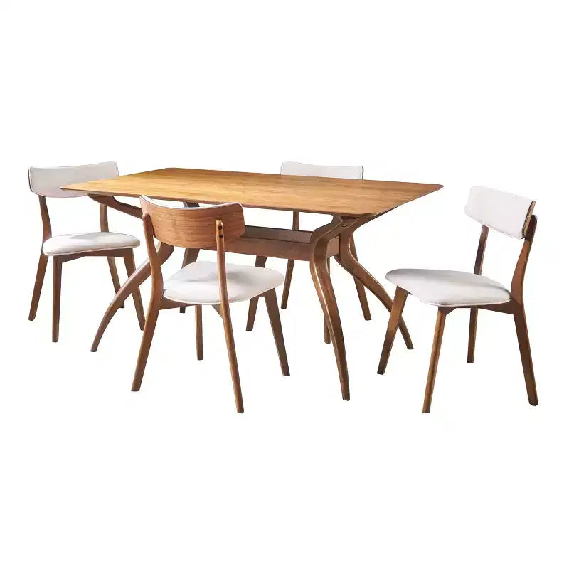 Set da pranzo Megann Mid-Century moderno in legno con 5 pezzi imbottiti in tessuto
