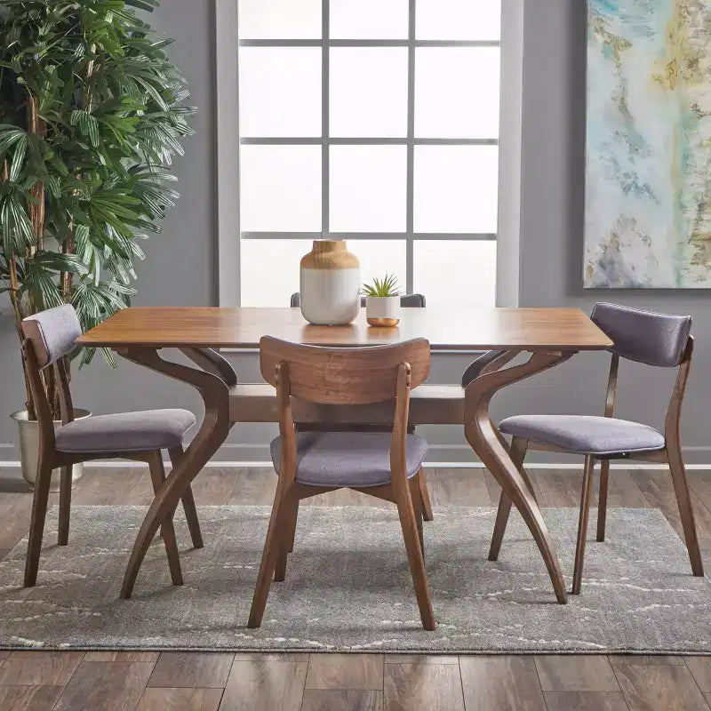 Set da pranzo Megann Mid-Century moderno in legno con 5 pezzi imbottiti in tessuto