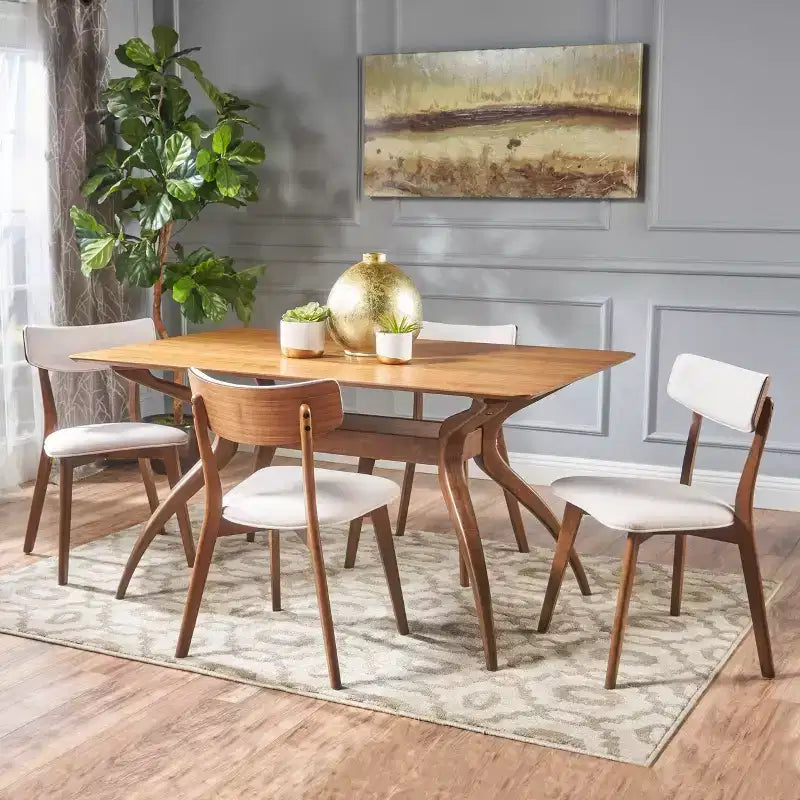 Set da pranzo Megann Mid-Century moderno in legno con 5 pezzi imbottiti in tessuto