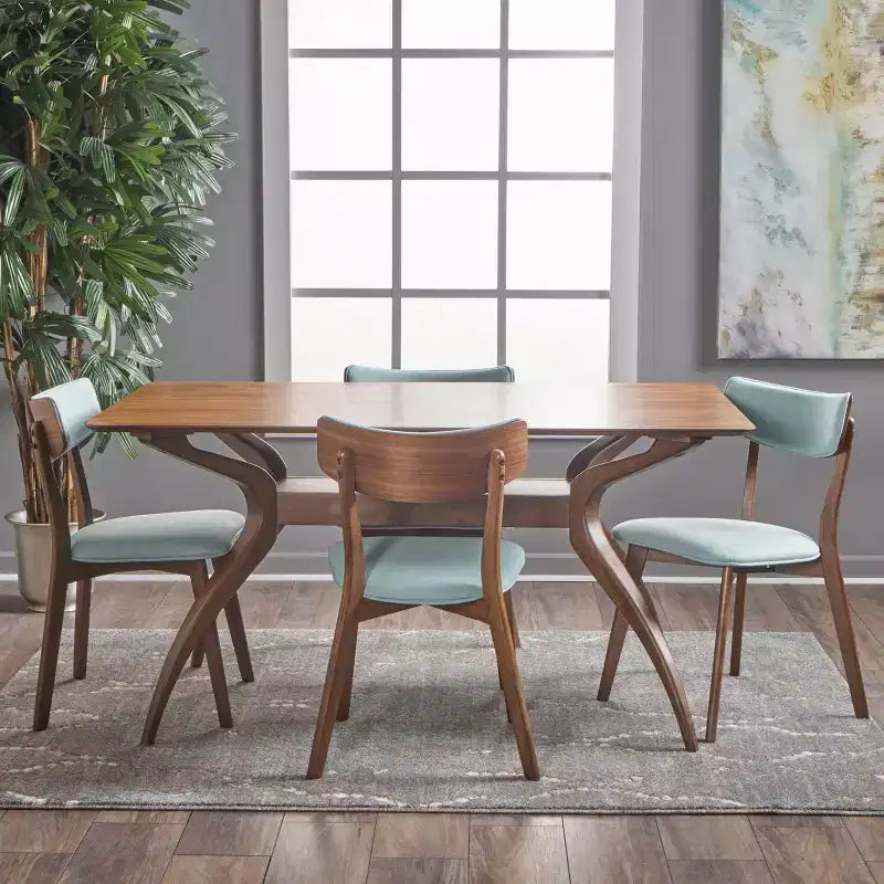 Set da pranzo Megann Mid-Century moderno in legno con 5 pezzi imbottiti in tessuto