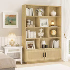 Libreria alta a 5 ripiani con mensole espositive, libreria classica in rattan con contenitore, libreria a 5 ripiani con struttura in metallo