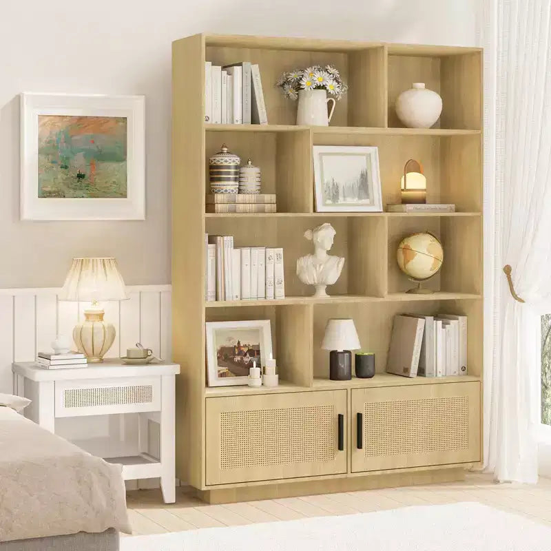 Libreria alta a 5 ripiani con mensole espositive, libreria classica in rattan con contenitore, libreria a 5 ripiani con struttura in metallo