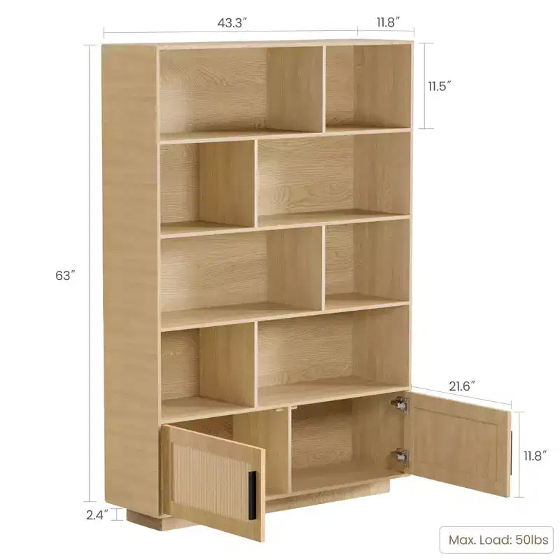 Libreria alta a 5 ripiani con mensole espositive, libreria classica in rattan con contenitore, libreria a 5 ripiani con struttura in metallo