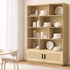 Libreria alta a 5 ripiani con mensole espositive, libreria classica in rattan con contenitore, libreria a 5 ripiani con struttura in metallo