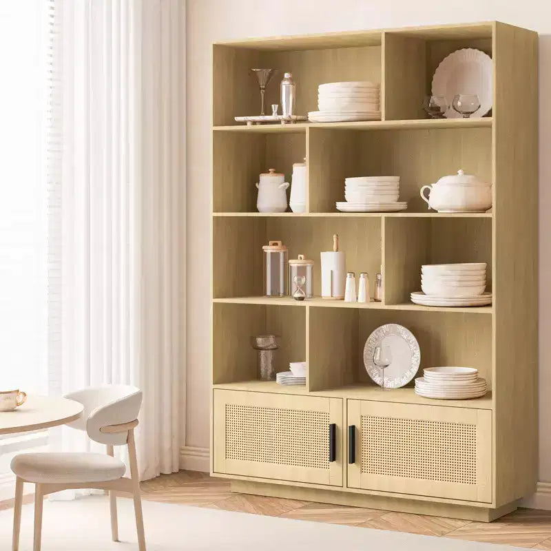 Libreria alta a 5 ripiani con mensole espositive, libreria classica in rattan con contenitore, libreria a 5 ripiani con struttura in metallo