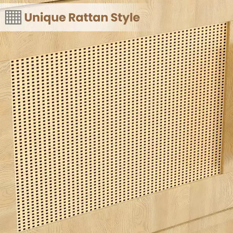 Libreria alta a 5 ripiani con mensole espositive, libreria classica in rattan con contenitore, libreria a 5 ripiani con struttura in metallo