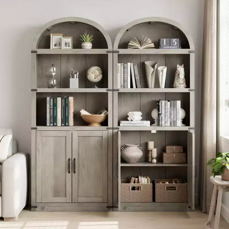 71.65 Libreria con ante, Libreria ad arco, Libreria alta, Mobiletto rustico con ripiani, Scaffali in legno per ufficio domestico, soggiorno