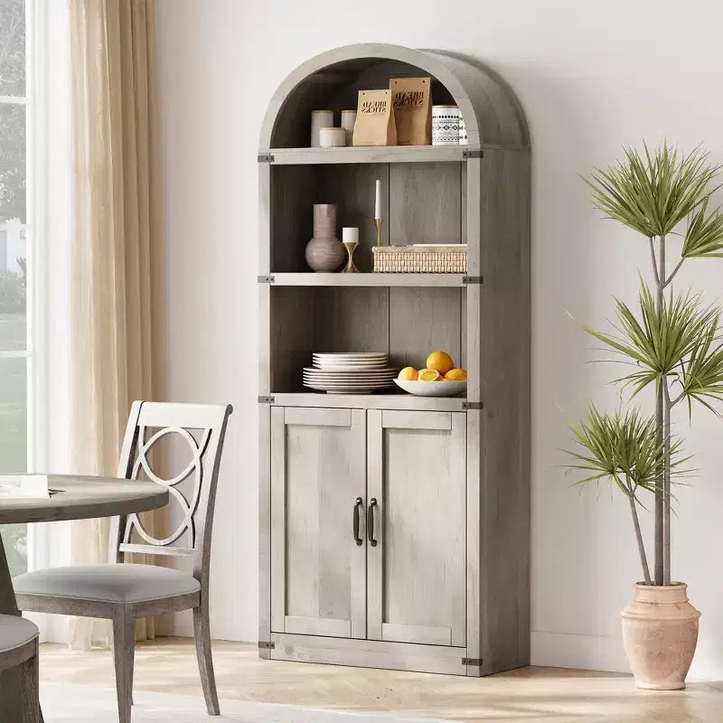 71.65 Libreria con ante, Libreria ad arco, Libreria alta, Mobiletto rustico con ripiani, Scaffali in legno per ufficio domestico, soggiorno