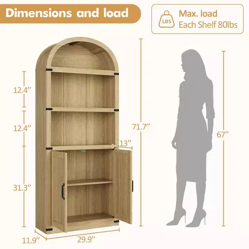 71.65 Libreria con ante, Libreria ad arco, Libreria alta, Mobiletto rustico con ripiani, Scaffali in legno per ufficio domestico, soggiorno