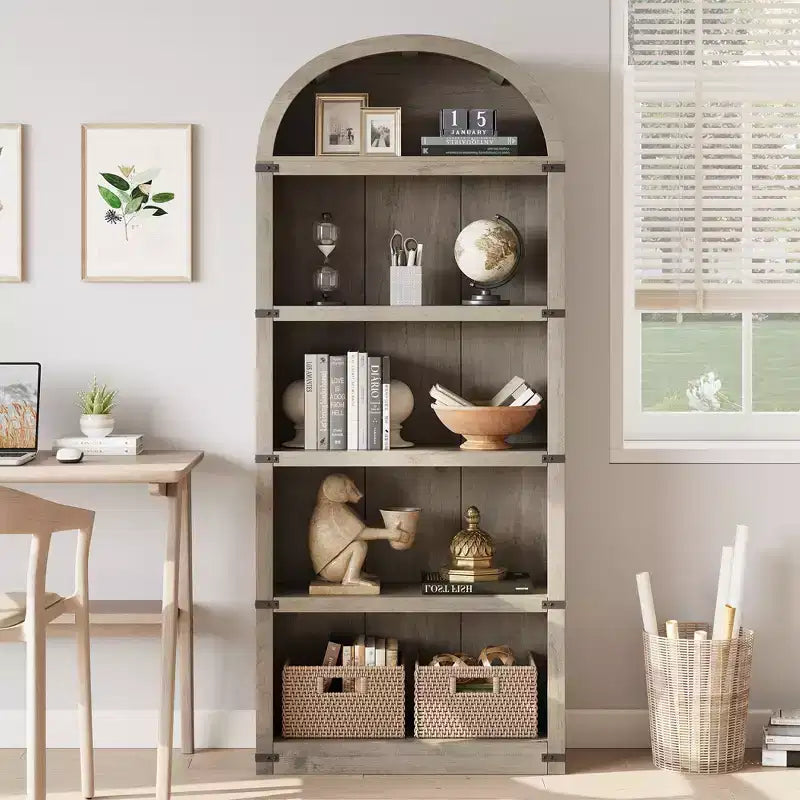 71.65 Libreria con ante, Libreria ad arco, Libreria alta, Mobiletto rustico con ripiani, Scaffali in legno per ufficio domestico, soggiorno