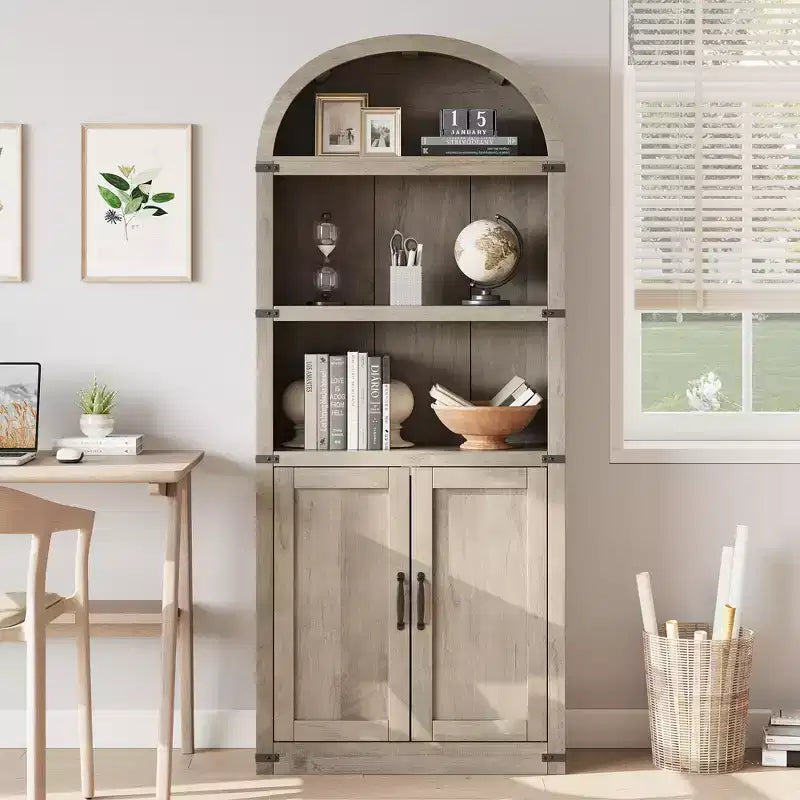71.65 Libreria con ante, Libreria ad arco, Libreria alta, Mobiletto rustico con ripiani, Scaffali in legno per ufficio domestico, soggiorno