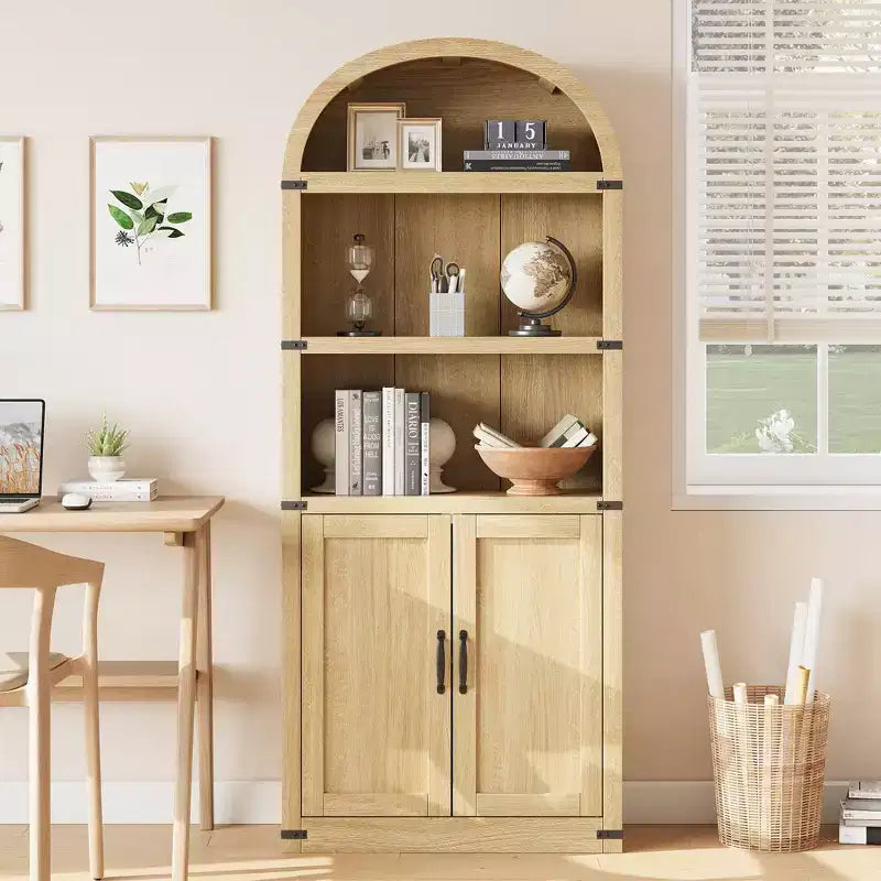 71.65 Libreria con ante, Libreria ad arco, Libreria alta, Mobiletto rustico con ripiani, Scaffali in legno per ufficio domestico, soggiorno