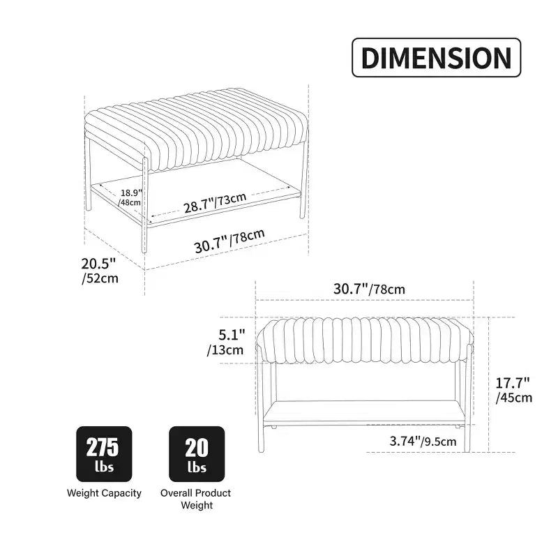 Pouf imbottito da 30,7W, panca da letto per il fondo del letto, panca sgabello poggiapiedi con ripiano portaoggetti aperto per corridoio, soggiorno, camera da letto