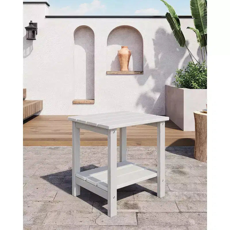 Tavolino da Esterno a 2 Ripiani - Tavolo da Patio in HDPE per Tutte le Stagioni per Piscina e Terrazza