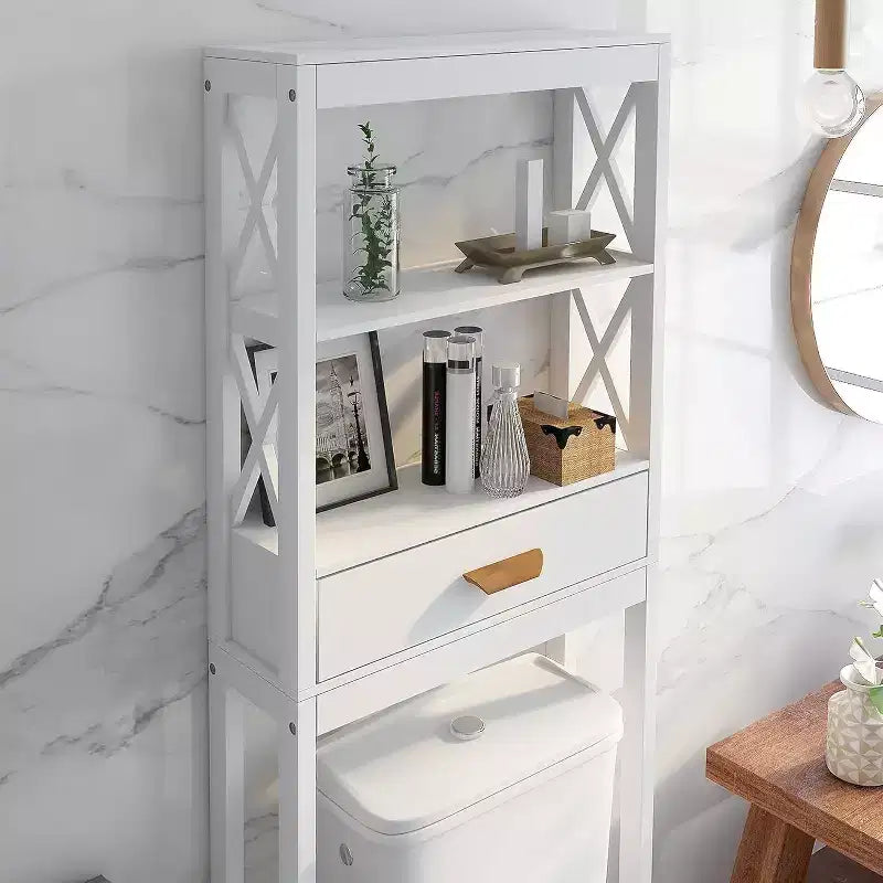 Armadietto portaoggetti da bagno sopra il WC, organizer salvaspazio da appoggio sopra il WC con 1 cassetto e 2 ripiani aperti, bianco