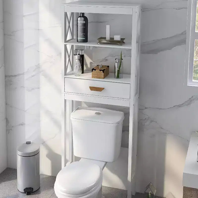 Armadietto portaoggetti da bagno sopra il WC, organizer salvaspazio da appoggio sopra il WC con 1 cassetto e 2 ripiani aperti, bianco