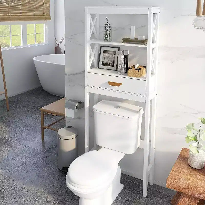 Armadietto portaoggetti da bagno sopra il WC, organizer salvaspazio da appoggio sopra il WC con 1 cassetto e 2 ripiani aperti, bianco