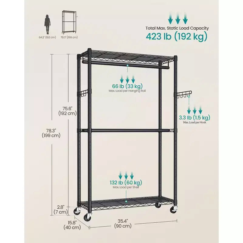 Appendiabiti mobile resistente, Stender appendiabiti, Armadio portatile su ruote, con ripiani in rete regolabili e aste appendiabiti, Ganci, Nero inchiostro