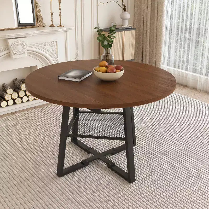 4759 Extendable Round Dining Table for 4-6, Circle Kitchen Table with Storage Shelf, Thickened Top and Metal Frame for Dining Room-Panipeachy