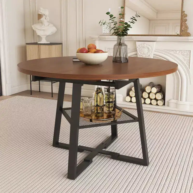 Tavolo da Pranzo Rotondo Estensibile per 4-6 Persone, Tavolo da Cucina Circolare con Scaffale, Piano Ispessito e Struttura in Metallo per Sala da Pranzo
