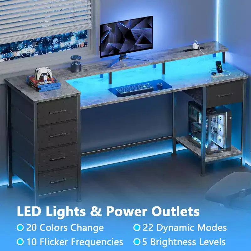 Scrivania per computer grigia da 55 pollici con stazione di ricarica, scrivania da gaming reversibile, luci LED, cassetti in tessuto, tavolo da scrittura per ufficio, studio e camera da letto con contenitore