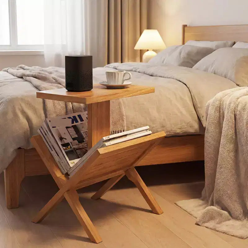 Libreria a 2 Ripiani Piccola Scaffale con Struttura in Legno Teak e Tappetini Antiscivolo
