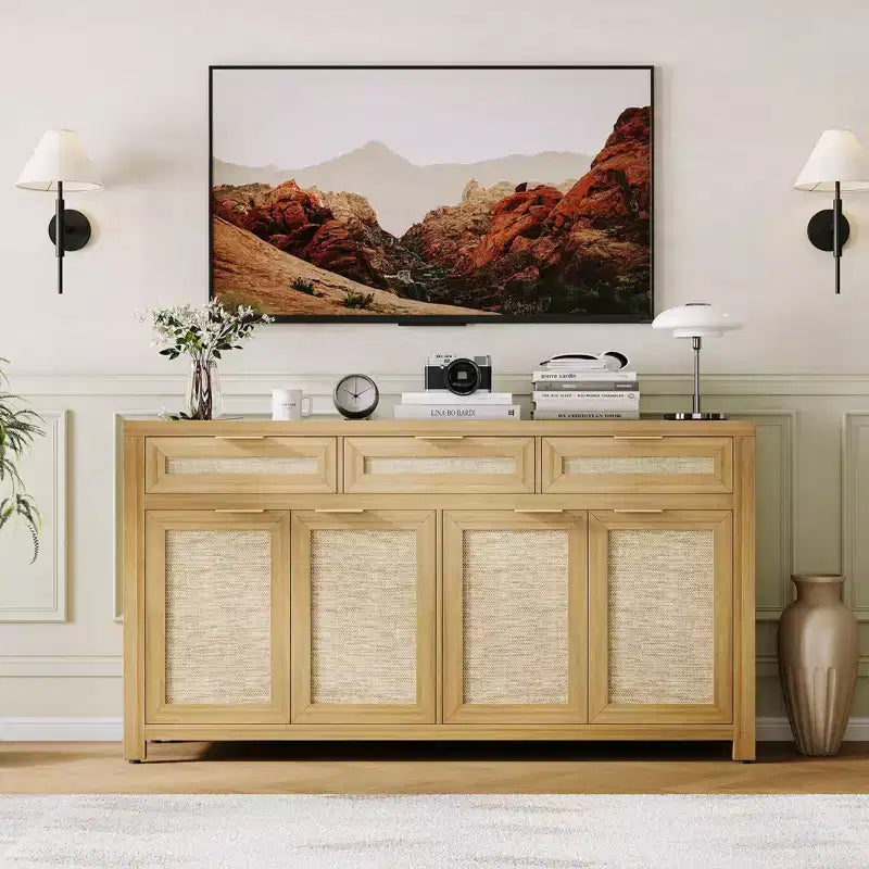 Credenza/Mobile Buffet da Cucina Profondo 160 cm con Pannelli in Rattan, 3 Cassetti, 4 Ante, Ripiani Regolabili - Organizer per Sala da Pranzo, Cucina, Ingresso