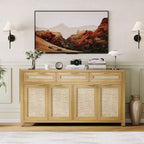 Credenza/Mobile Buffet da Cucina Profondo 160 cm con Pannelli in Rattan, 3 Cassetti, 4 Ante, Ripiani Regolabili - Organizer per Sala da Pranzo, Cucina, Ingresso