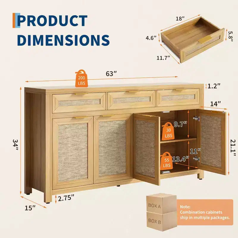 Credenza/Mobile Buffet da Cucina Profondo 160 cm con Pannelli in Rattan, 3 Cassetti, 4 Ante, Ripiani Regolabili - Organizer per Sala da Pranzo, Cucina, Ingresso