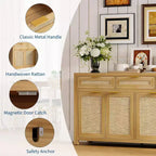 Credenza/Mobile Buffet da Cucina Profondo 160 cm con Pannelli in Rattan, 3 Cassetti, 4 Ante, Ripiani Regolabili - Organizer per Sala da Pranzo, Cucina, Ingresso