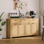 Credenza/Mobile Buffet da Cucina Profondo 160 cm con Pannelli in Rattan, 3 Cassetti, 4 Ante, Ripiani Regolabili - Organizer per Sala da Pranzo, Cucina, Ingresso