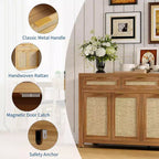 Credenza/Mobile Buffet da Cucina Profondo 160 cm con Pannelli in Rattan, 3 Cassetti, 4 Ante, Ripiani Regolabili - Organizer per Sala da Pranzo, Cucina, Ingresso